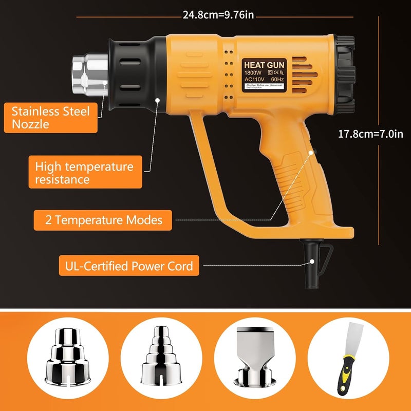TGK Heat Gun, ® 1800W Heavy Duty Hot Air Gun Kit 662℉ & 1112℉ Dual Temperature Settings with 4 Nozzle Attachments Overload Protection for Crafts, Shrink Wrapping/Tubing, Paint Removing, Epoxy Resin - Image 4